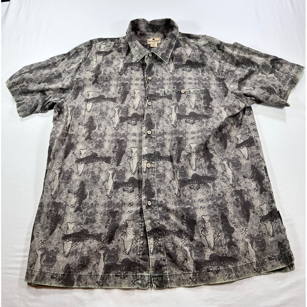 Woolrich Mens XL Short Sleeve Button Down Shirt Grey Fish Print Outdoor Casual